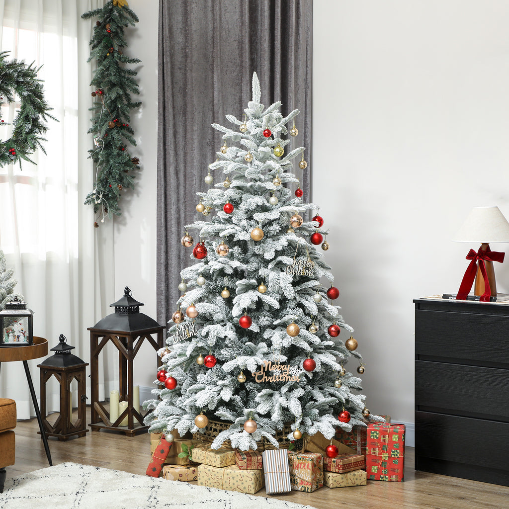 6 Ft Flocked Christmas Tree with Hinged Branches - Green