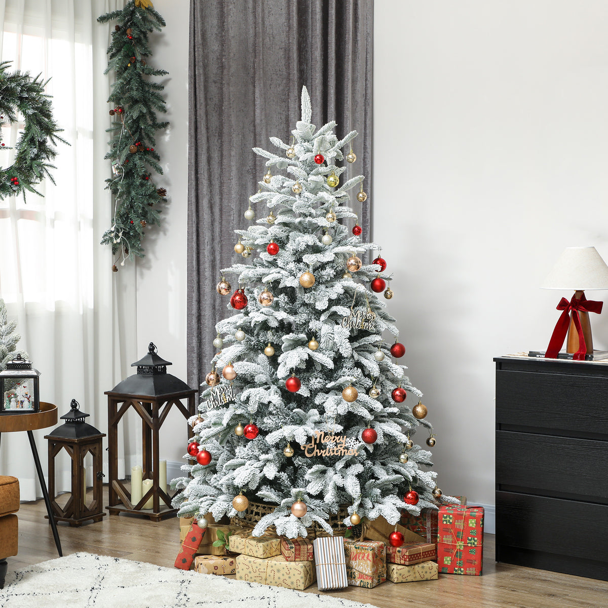 6 Ft Flocked Christmas Tree with Hinged Branches - Green