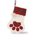 Large Dog Christmas Stocking, Cream Plush Paw with Red Plaid Trim, 18 x 11 Inch (46 x 28 cm)