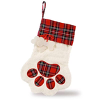 Large Dog Christmas Stocking, Cream Plush Paw with Red Plaid Trim, 18 x 11 Inch (46 x 28 cm)