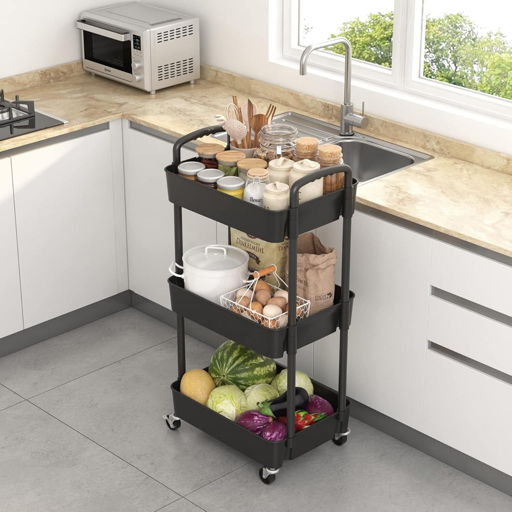 3Tier Rolling Cart Storage Trolley Kitchen Bathroom Laundry Organiser Rack Black