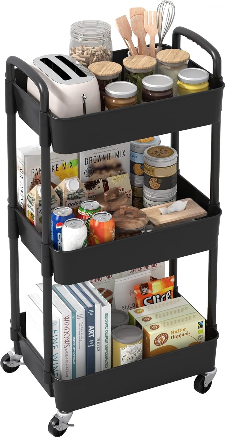 3Tier Rolling Cart Storage Trolley Kitchen Bathroom Laundry Organiser Rack Black