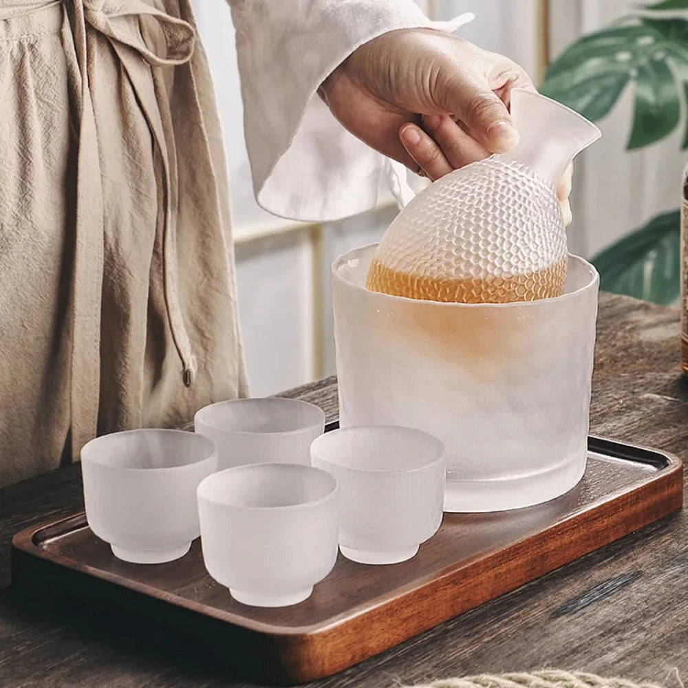 Japanese Glass Sake Set with Flask and Cups
