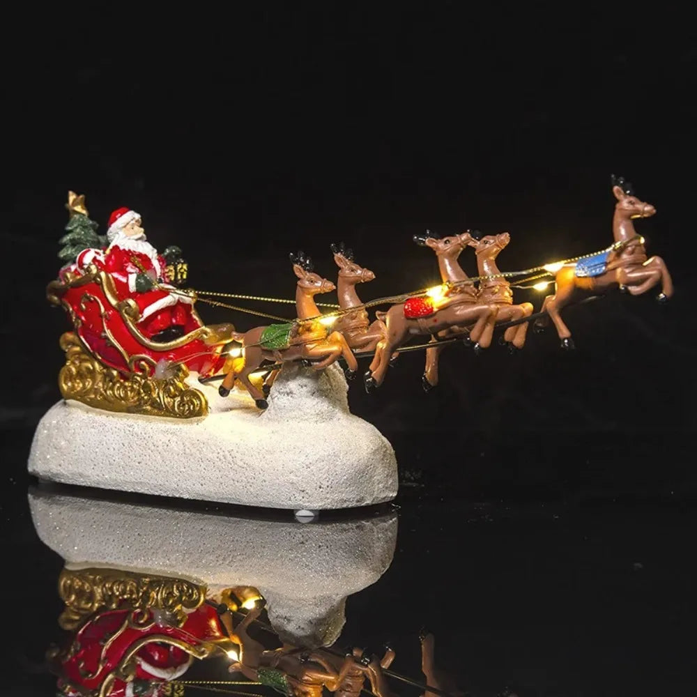 Light Up Santa Sleigh and Reindeer Christmas Figurine - Resin