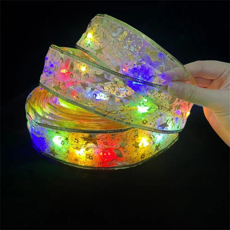 Light-Up Christmas Ribbon with LEDs and Star Pattern - Warm white or colourful
