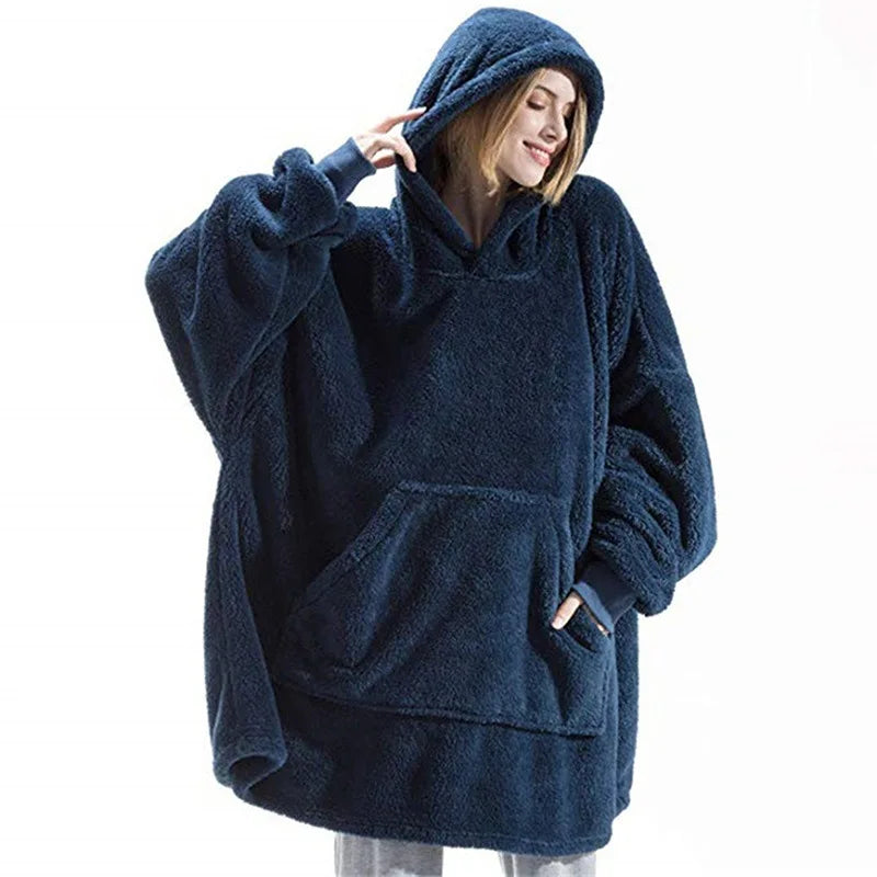 Oversized Hooded Fleece Blanket Hoodie with Pocket - Polyester