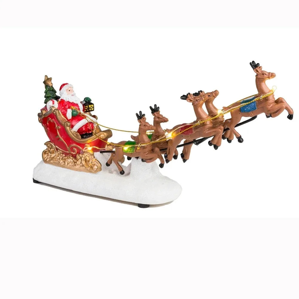 Light Up Santa Sleigh and Reindeer Christmas Figurine - Resin