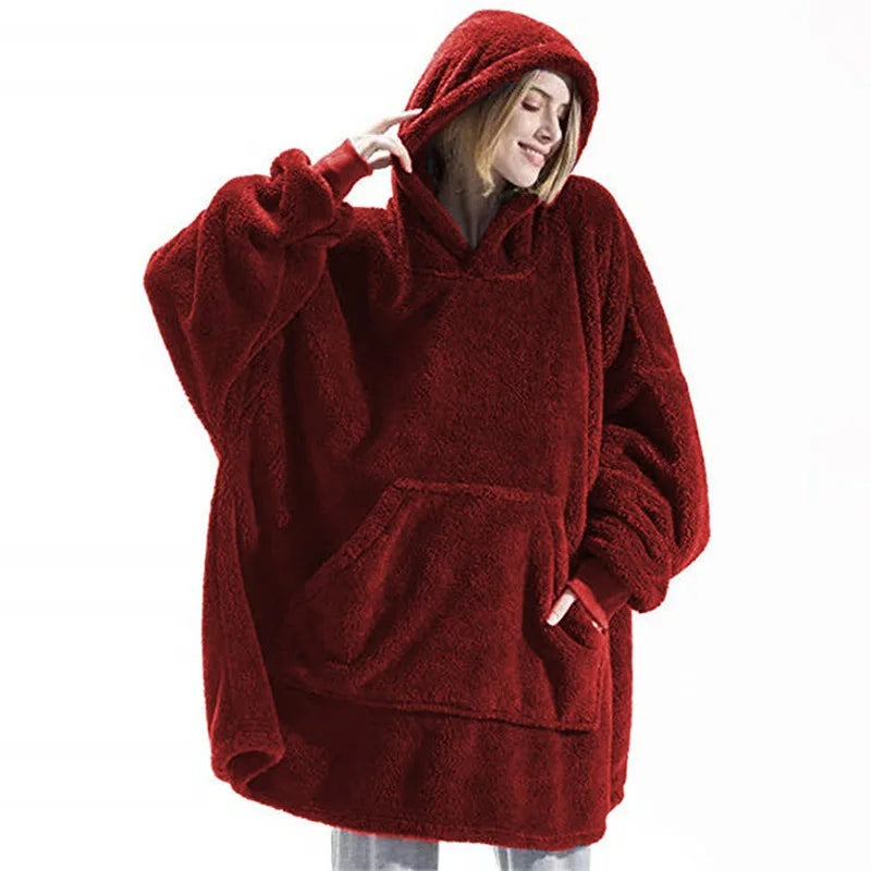 Oversized Hooded Fleece Blanket Hoodie with Pocket - Polyester