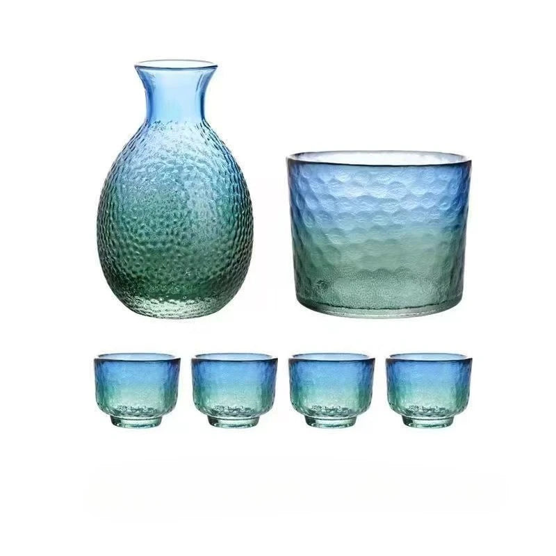 Japanese Glass Sake Set with Flask and Cups