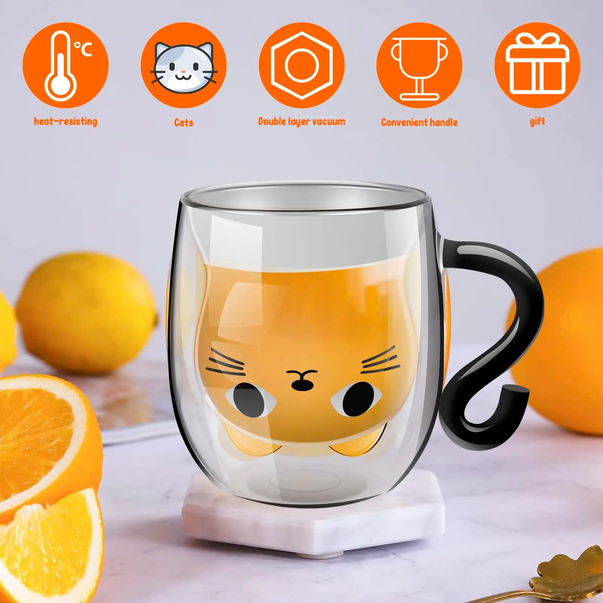 Cat Double-Layer Glass Mug with Handle - 201-300 ml