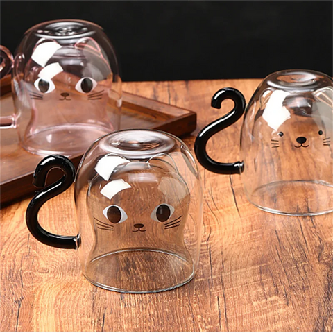 Cat Double-Layer Glass Mug with Handle - 201-300 ml