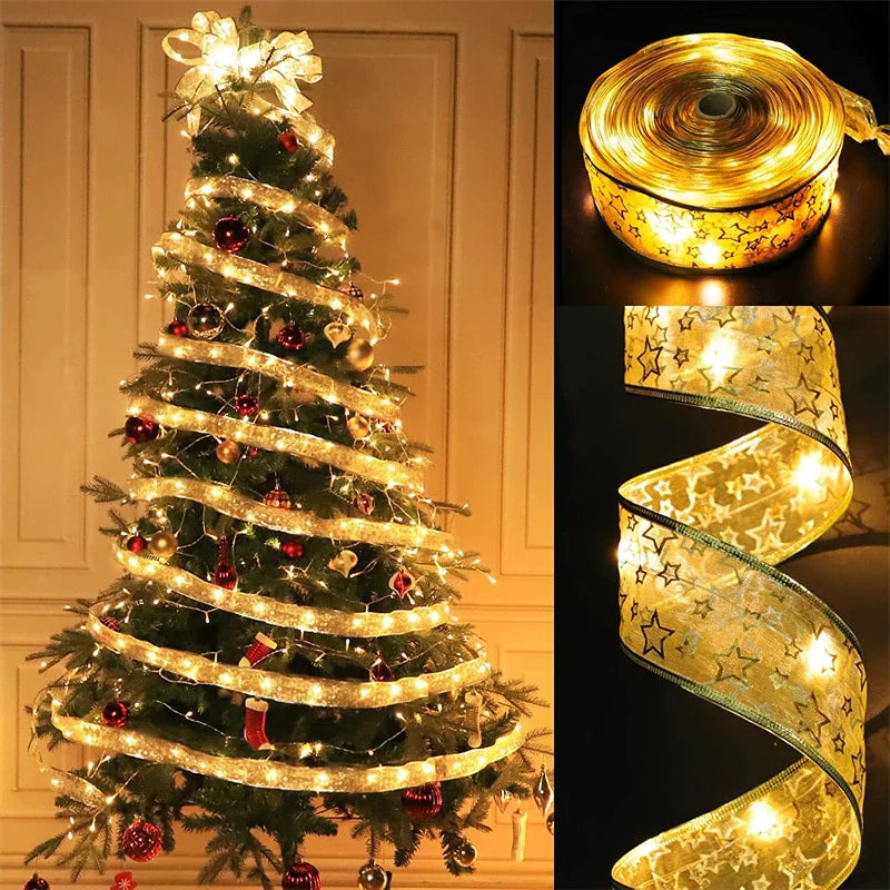Light-Up Christmas Ribbon with LEDs and Star Pattern - Warm white or colourful