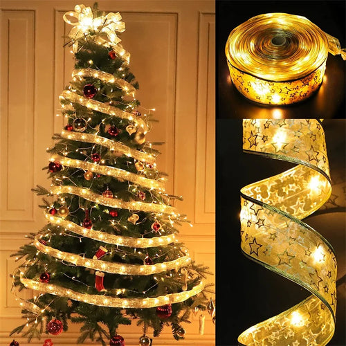 Light-Up Christmas Ribbon with LEDs and Star Pattern - Warm white or colourful