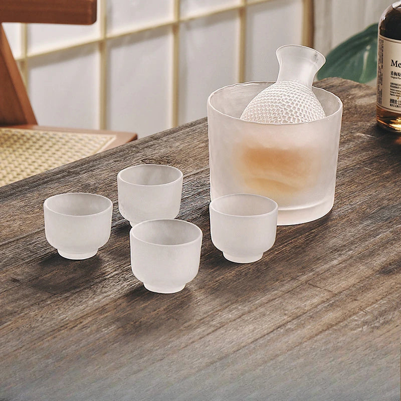 Japanese Glass Sake Set with Flask and Cups