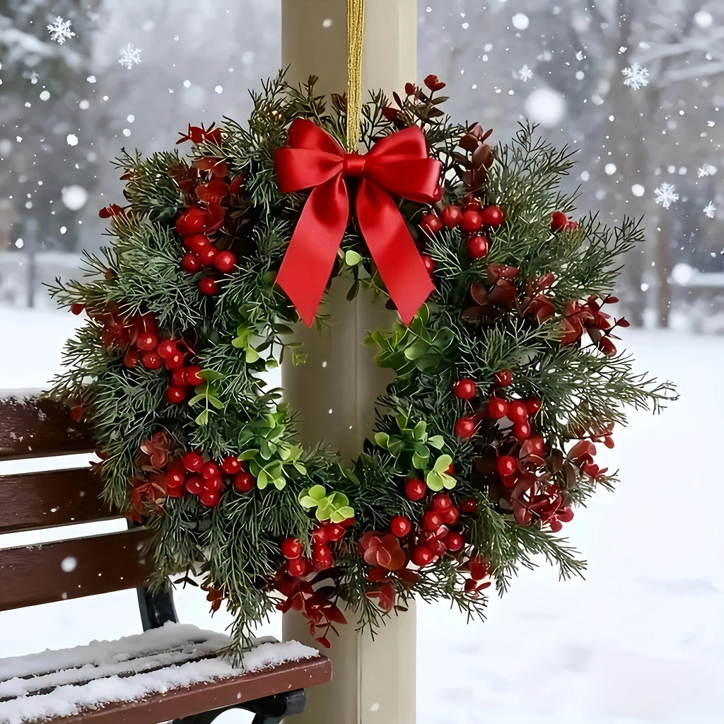 Large Christmas Wreath with Red Bow and Berries