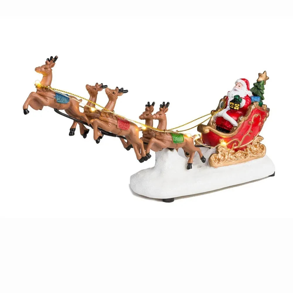 Light Up Santa Sleigh and Reindeer Christmas Figurine - Resin