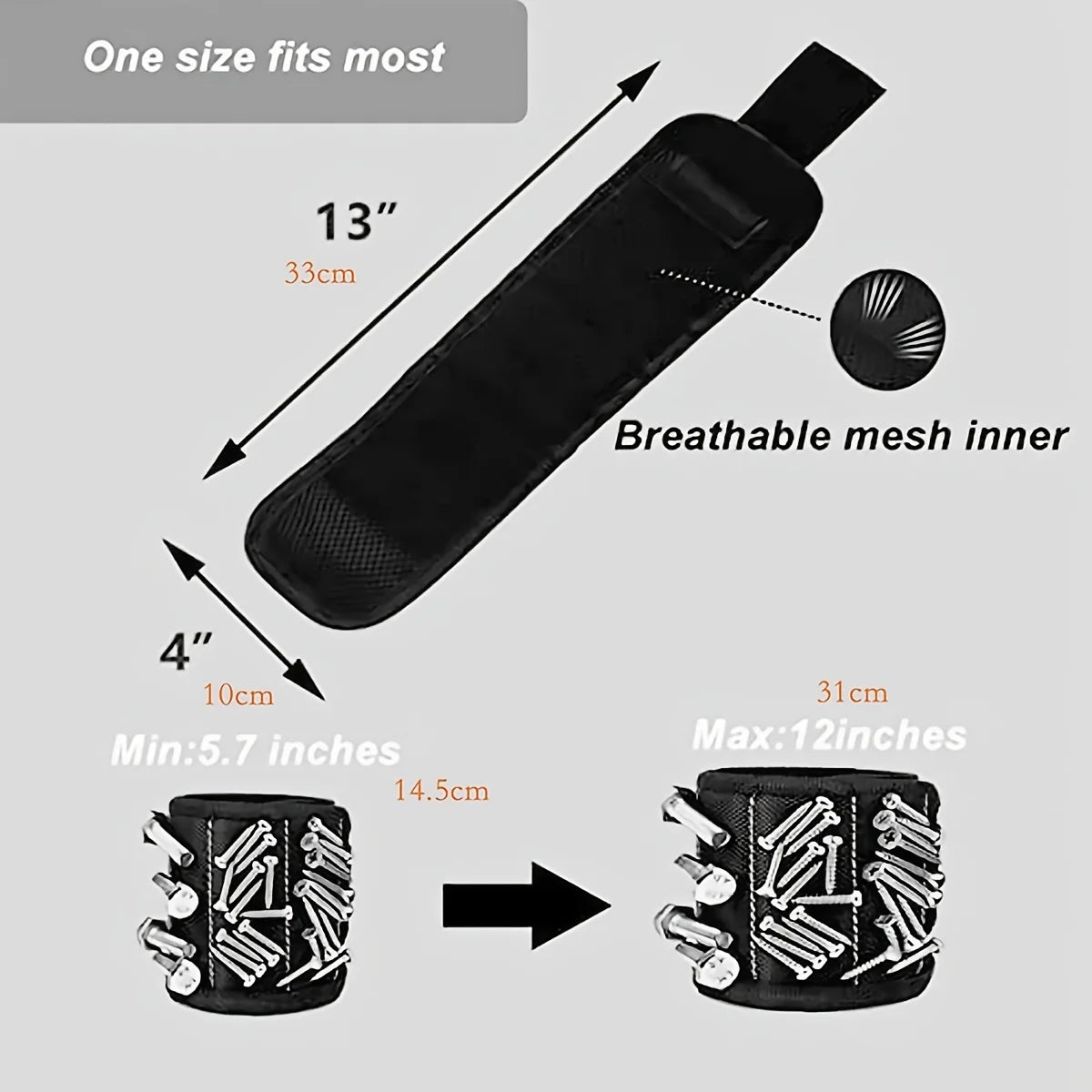 Magnetic Wristband for Screws, Nails and Drill Bits - Black