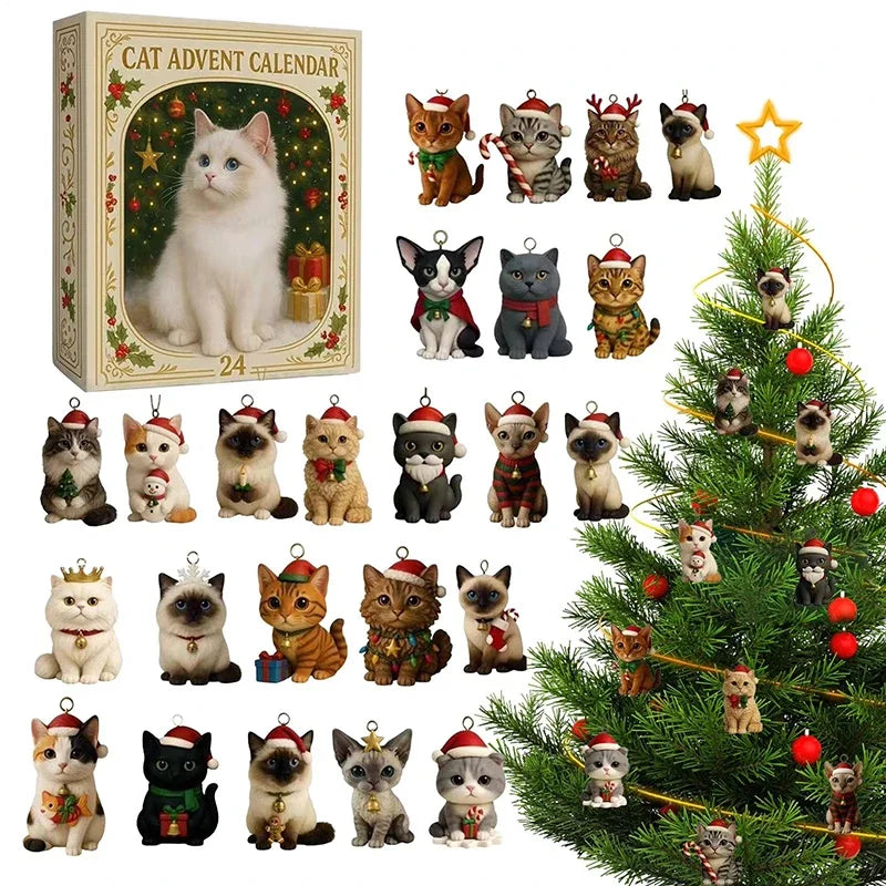Cat Advent Calendar with 24 Acrylic Kitten Tree Decorations