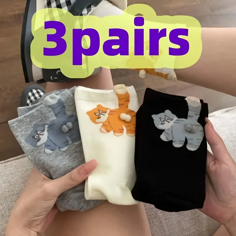 Cat Face Novelty Socks, 3 Pairs - Polyester