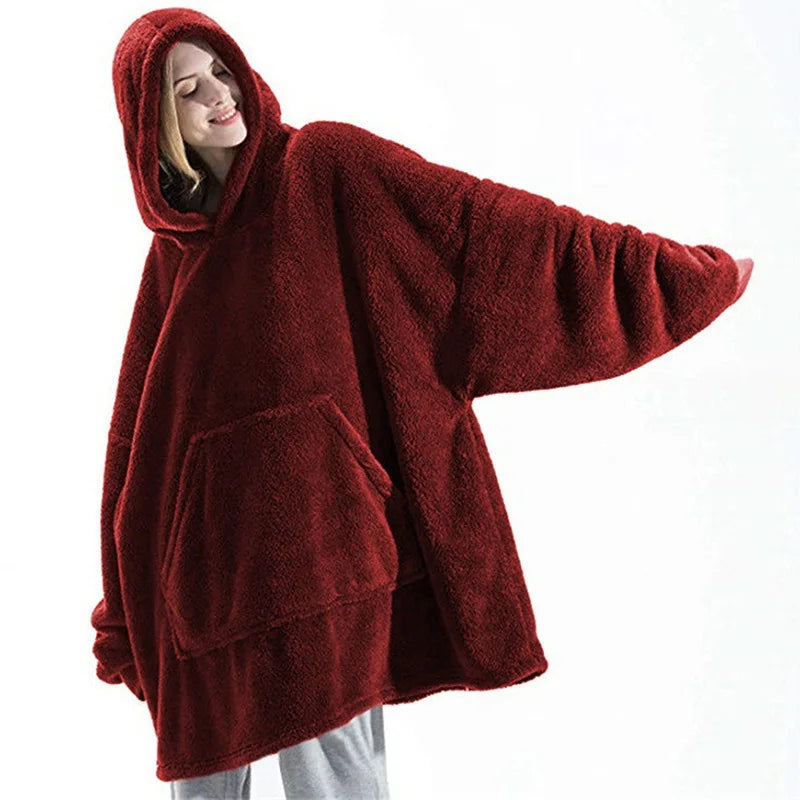 Oversized Hooded Fleece Blanket Hoodie with Pocket - Polyester