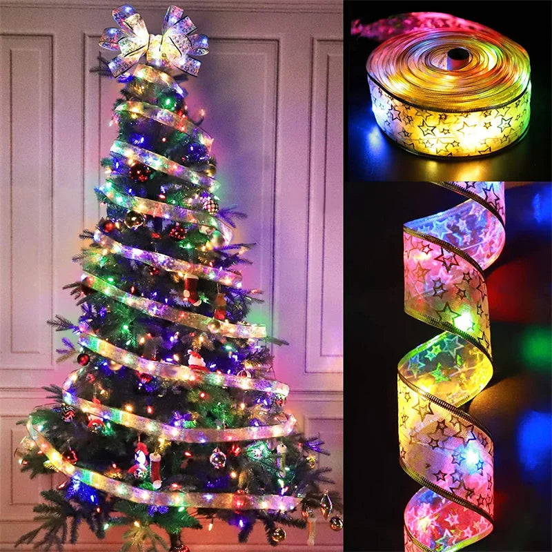 Light-Up Christmas Ribbon with LEDs and Star Pattern - Warm white or colourful