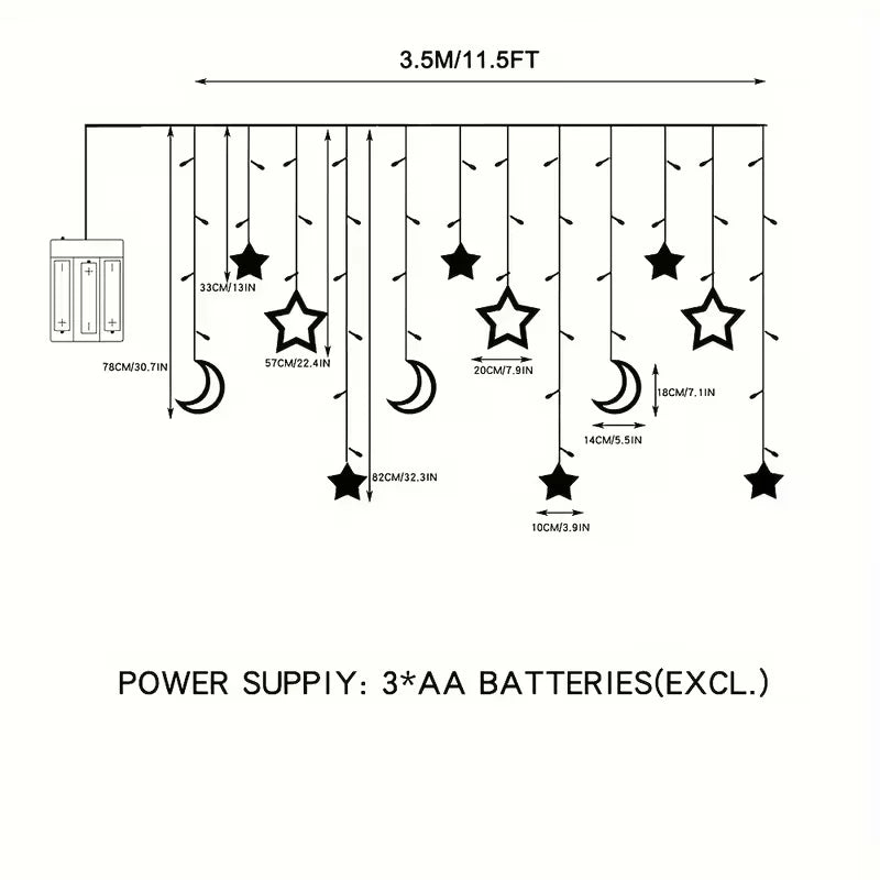 Star and Moon LED Fairy Light Garland, Battery Powered