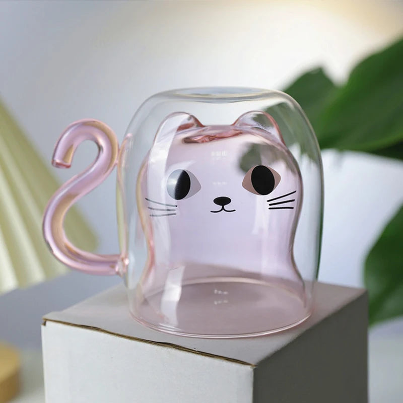 Cat Double-Layer Glass Mug with Handle - 201-300 ml