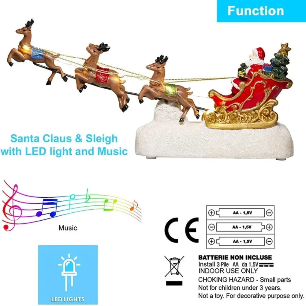 Light Up Santa Sleigh and Reindeer Christmas Figurine - Resin