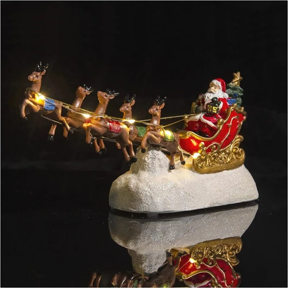 Light Up Santa Sleigh and Reindeer Christmas Figurine - Resin