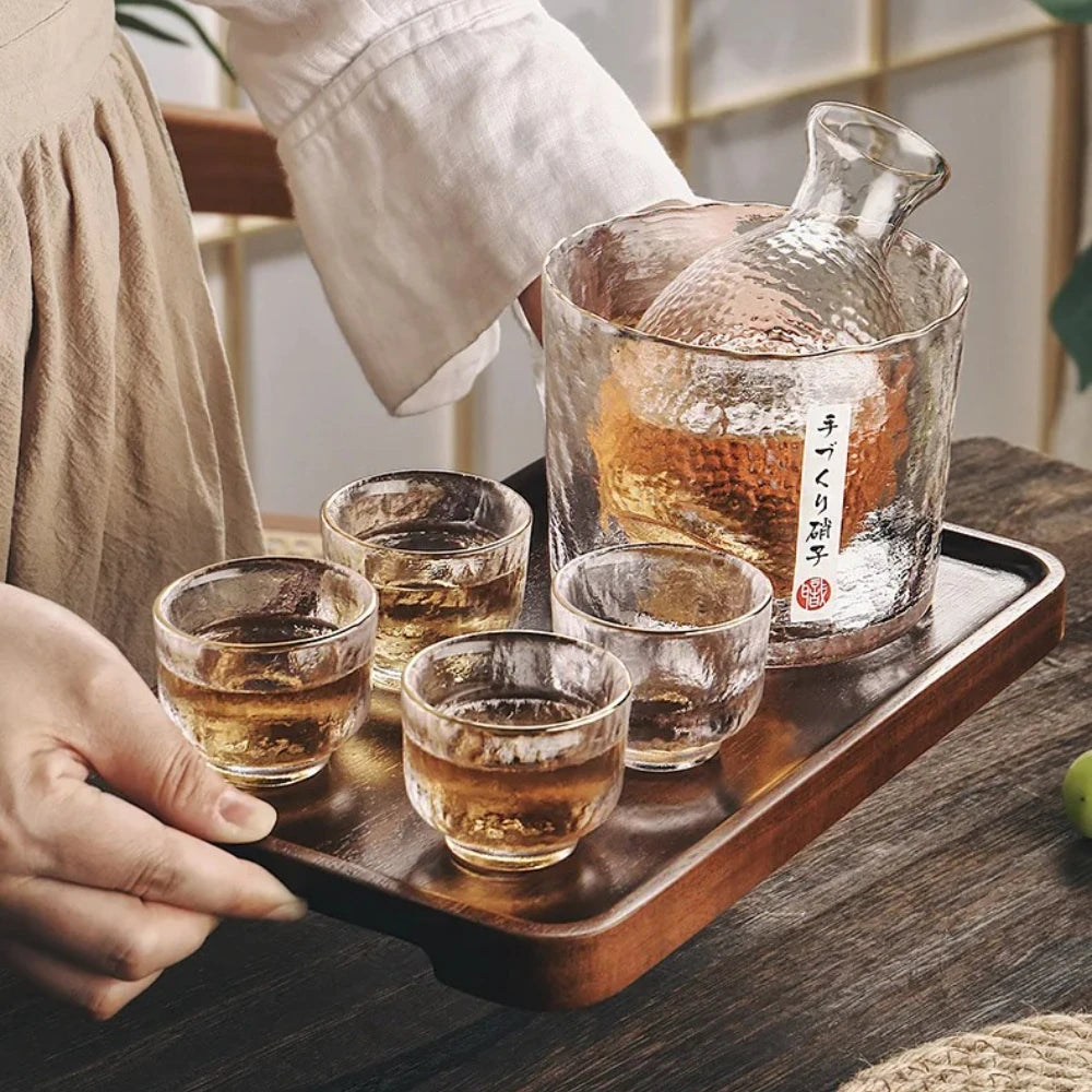 Japanese Glass Sake Set with Flask and Cups