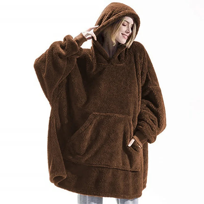 Oversized Hooded Fleece Blanket Hoodie with Pocket - Polyester