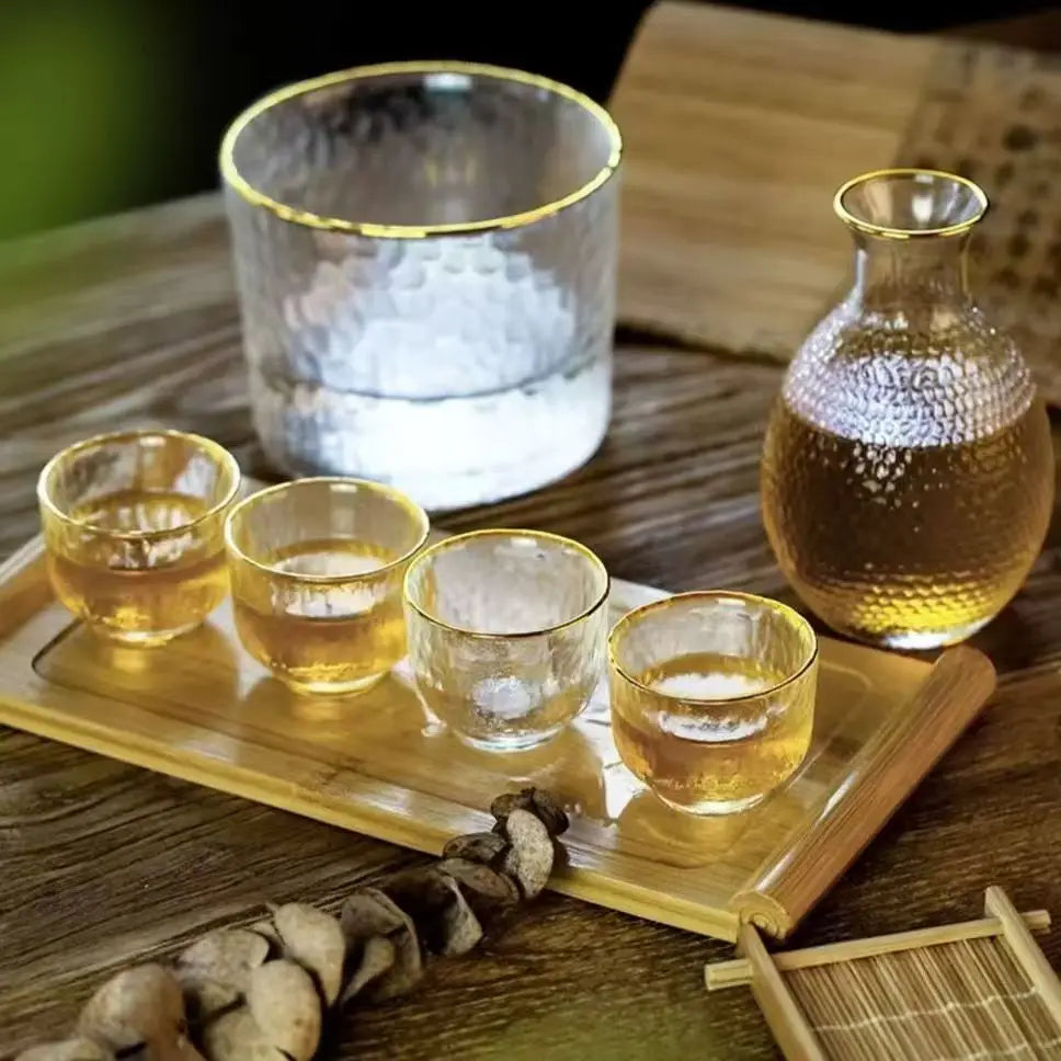 Japanese Glass Sake Set with Flask and Cups