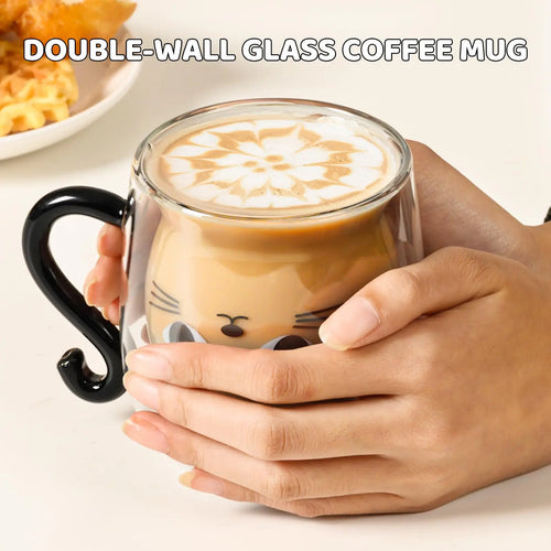 Cat Double-Layer Glass Mug with Handle - 201-300 ml