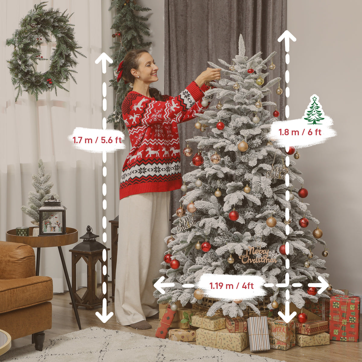 6 Ft Flocked Christmas Tree with Hinged Branches - Green