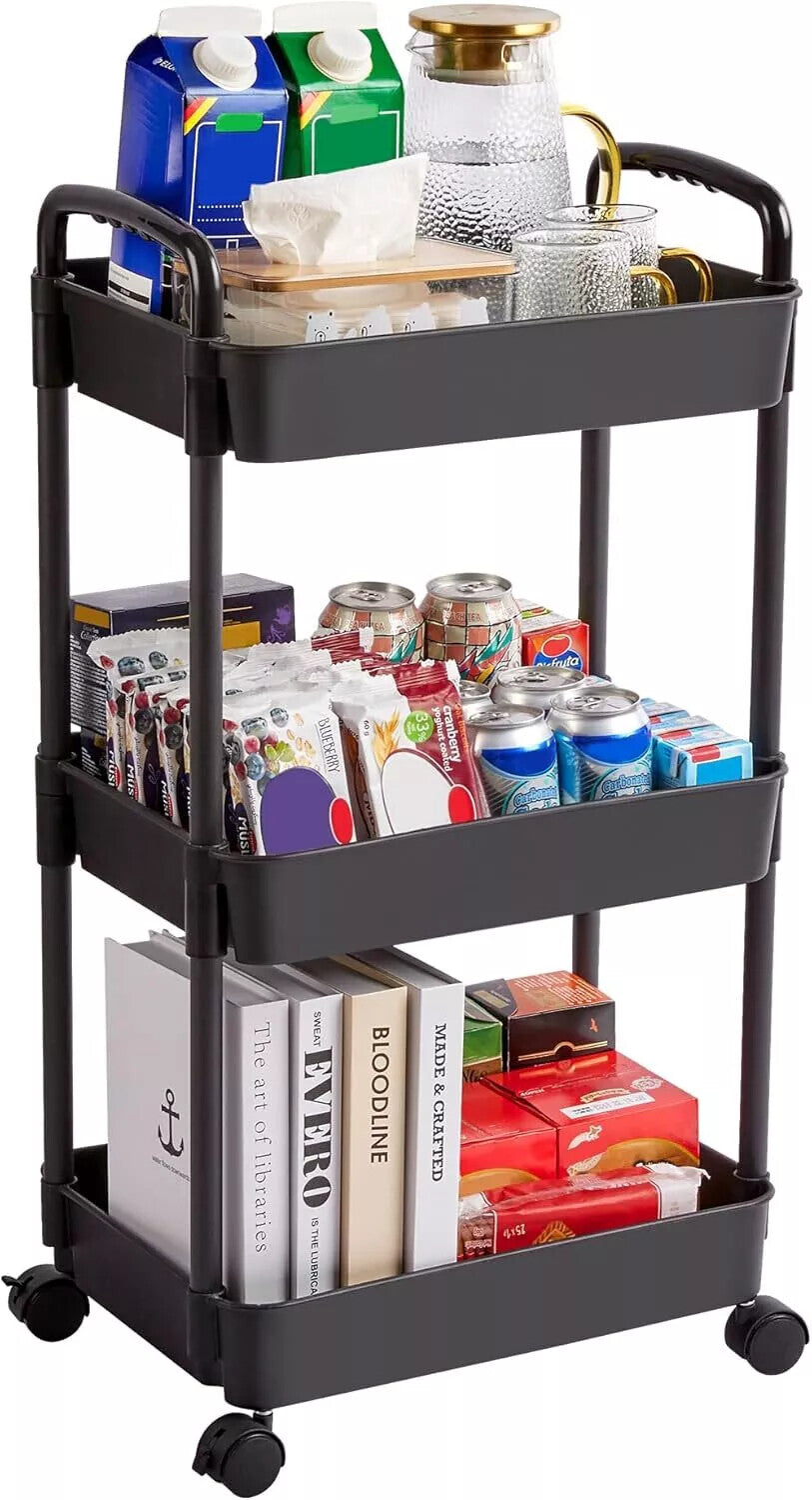 3Tier Rolling Cart Storage Trolley Kitchen Bathroom Laundry Organiser Rack Black