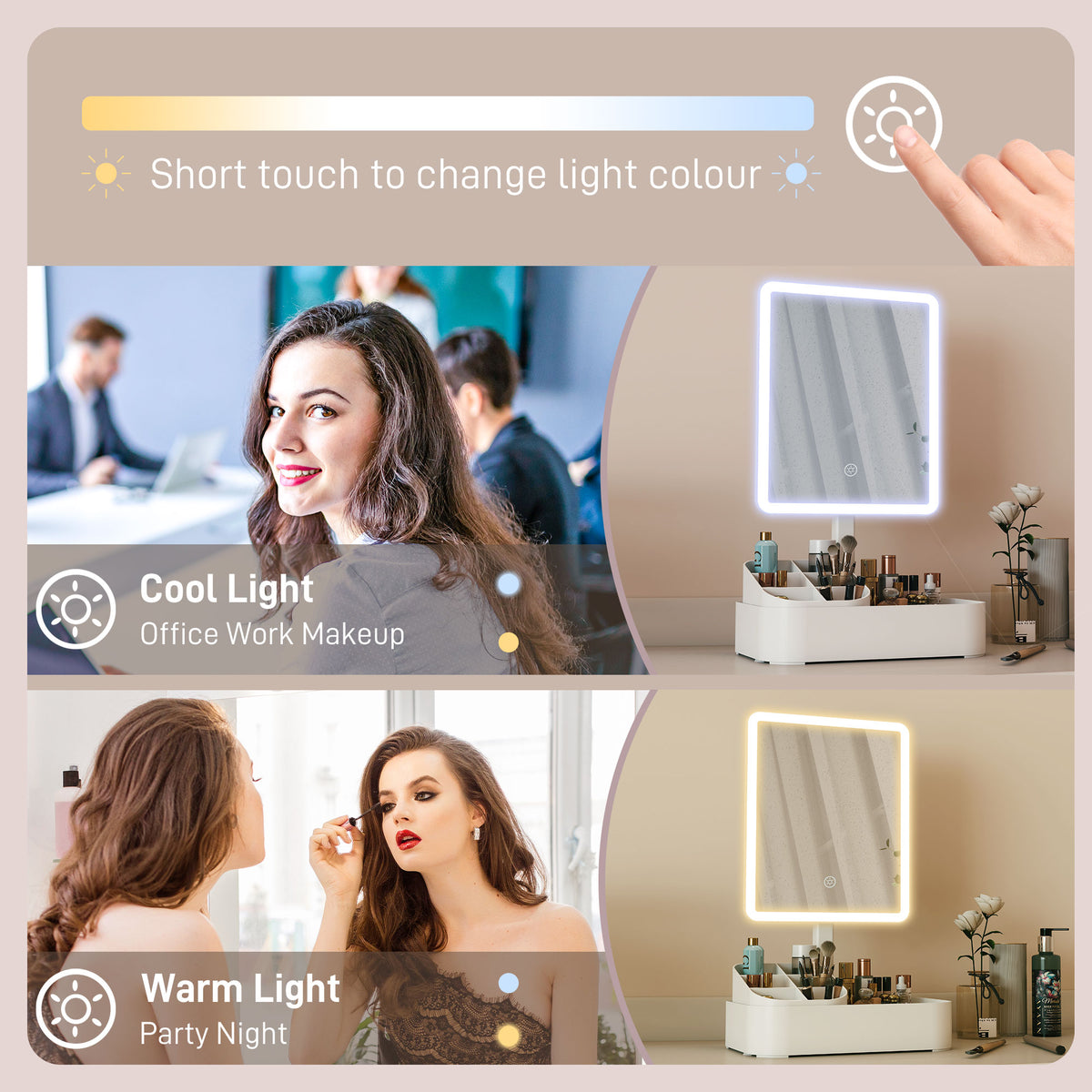 Rechargeable LED Makeup Mirror with Storage Box - 1000 mAh battery - White